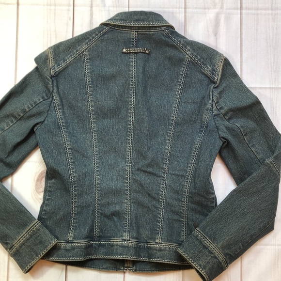 Vintage Elie Tahari Tapered Fitted Blue Denim Jacket Faux Leather Women's Small - Picture 16 of 16